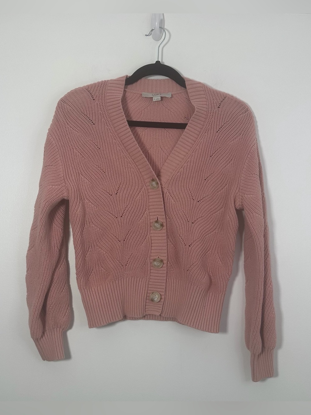 LOFT Women’s Medium Dusty Pink Pointelle Knit Button Front Cardigan Sweater